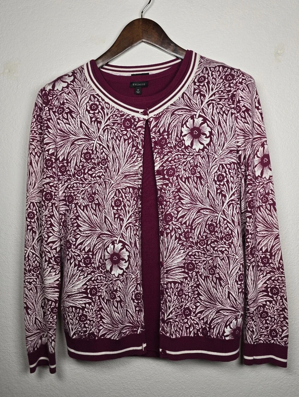 Talbots Floral Cardigan Twin Set Size M Magenta Pink Cotton Blend 2 Piece